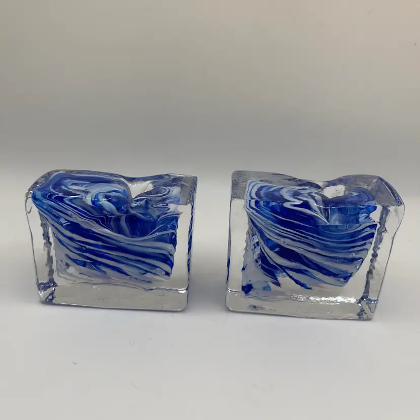Art Glass Block Candle Holders. Beautiful With The Blue And White Swirl Design.