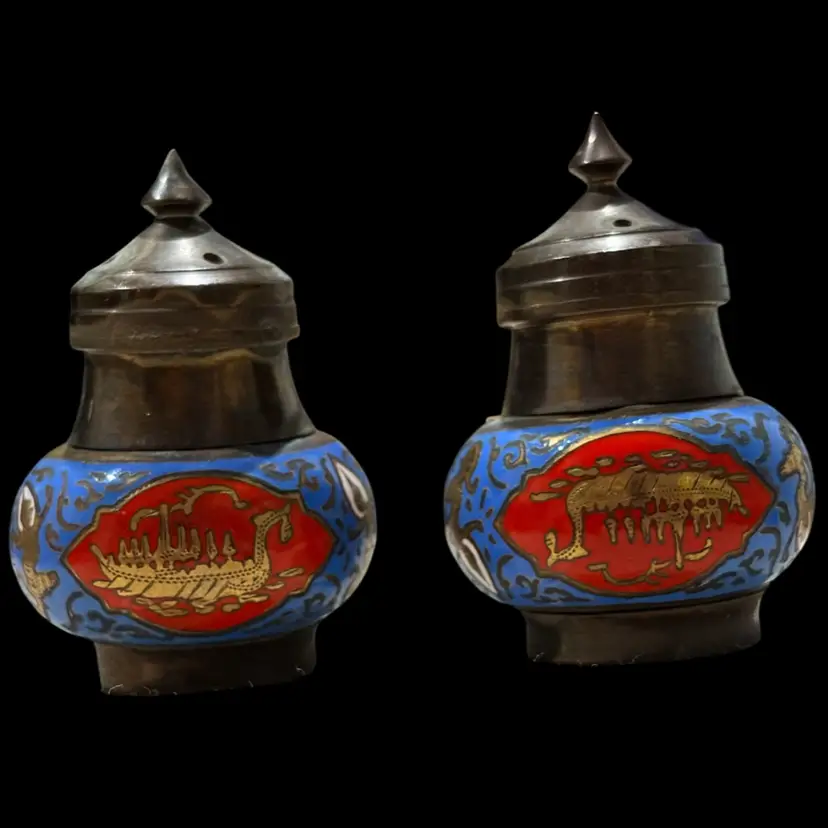 Vtg. Brass Cloisonné- Thai Salt & Pepper Set - Dragon Ships & Dancers- One Shaker Upside-down Art- 2.5”