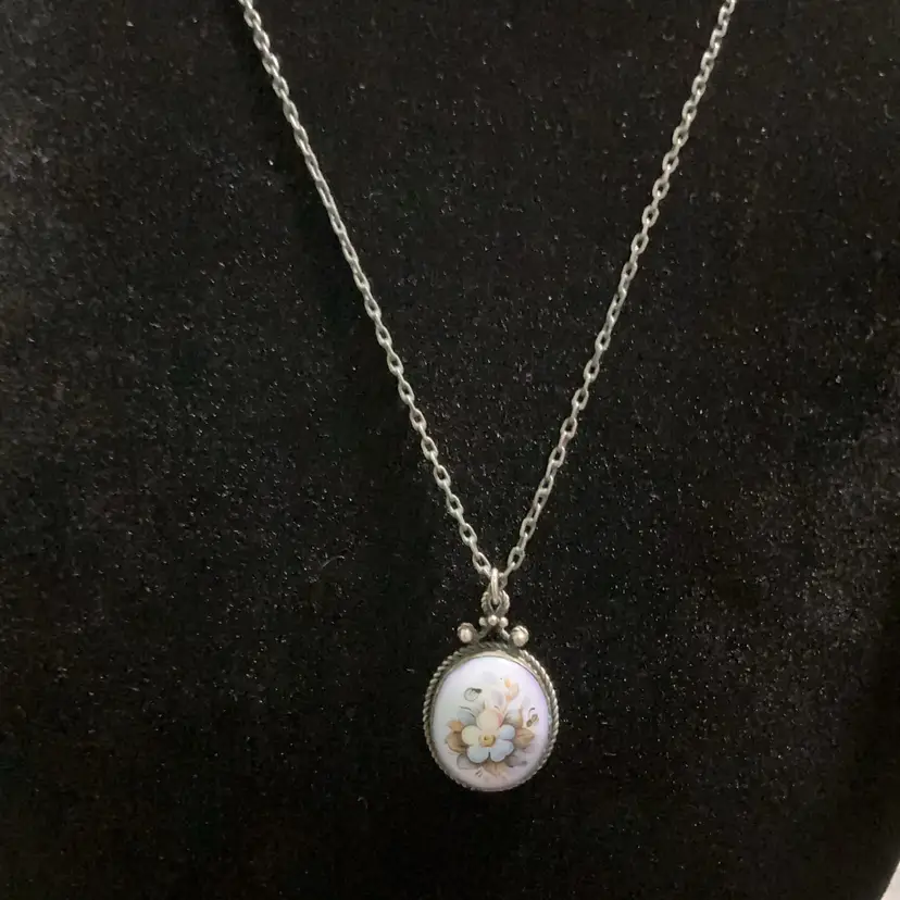 Vintage Antique Silvertone Enamel Pendant  Cabochon Necklace. Hand Painted Floral Bouquet.