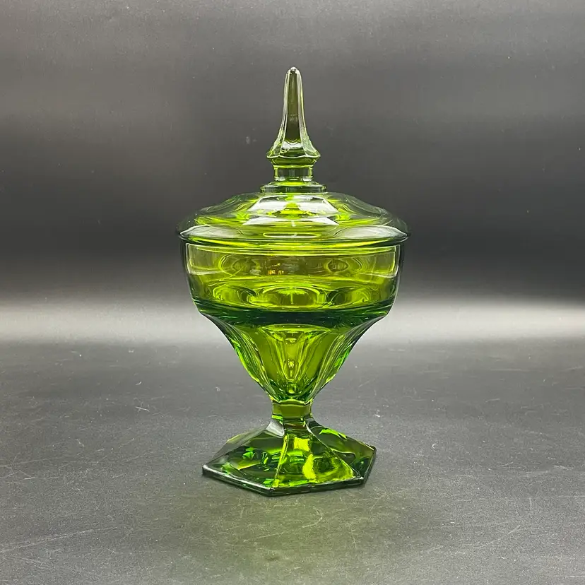 Viking Glass Epic Avocado Green Candy Dish VTG MCM Finial Lid