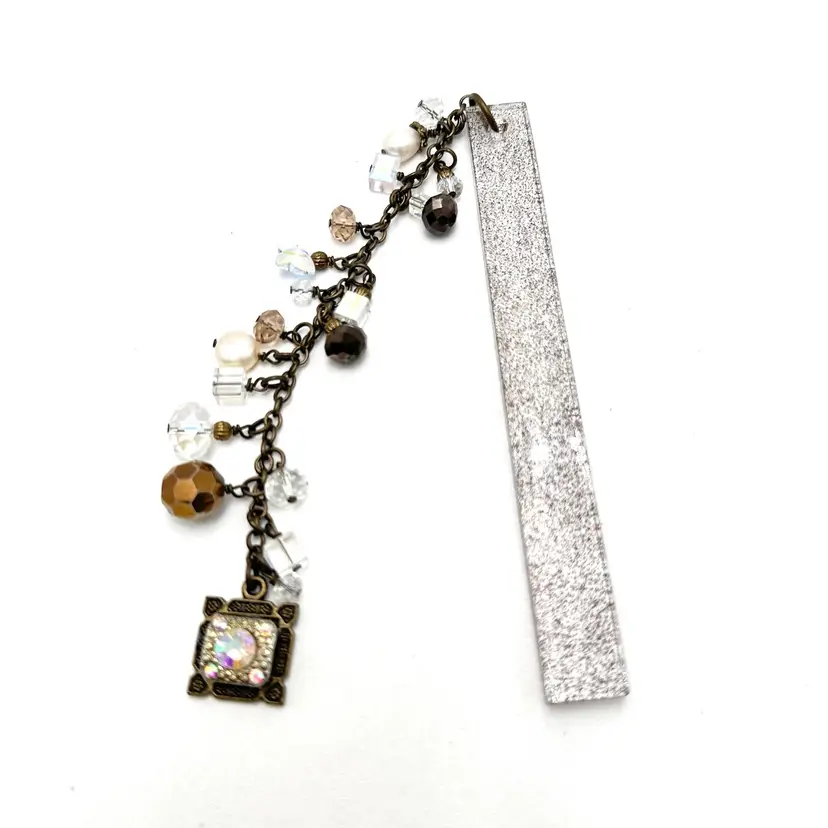 AB Rhinestone Charm Beaded Bookmark Antique Gold Tone 5.75” L