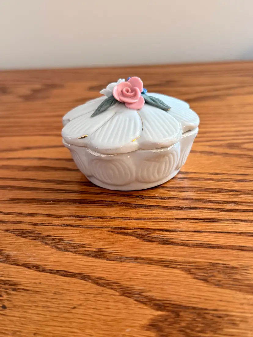 Vintage Porcelain Floral Trinket Box Applied Roses Pink Blue Flowers Gold Accents Miniature Jewelry Box 3 Inch