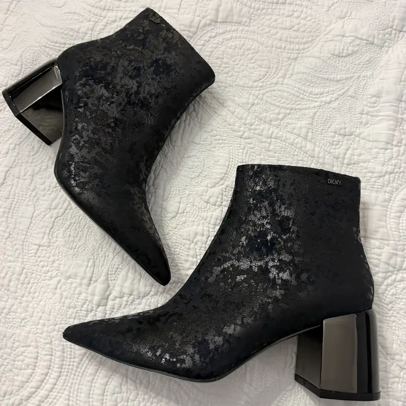 DKNY Daniella ankle boots featuring a distinct metallic pattern and a block heel
