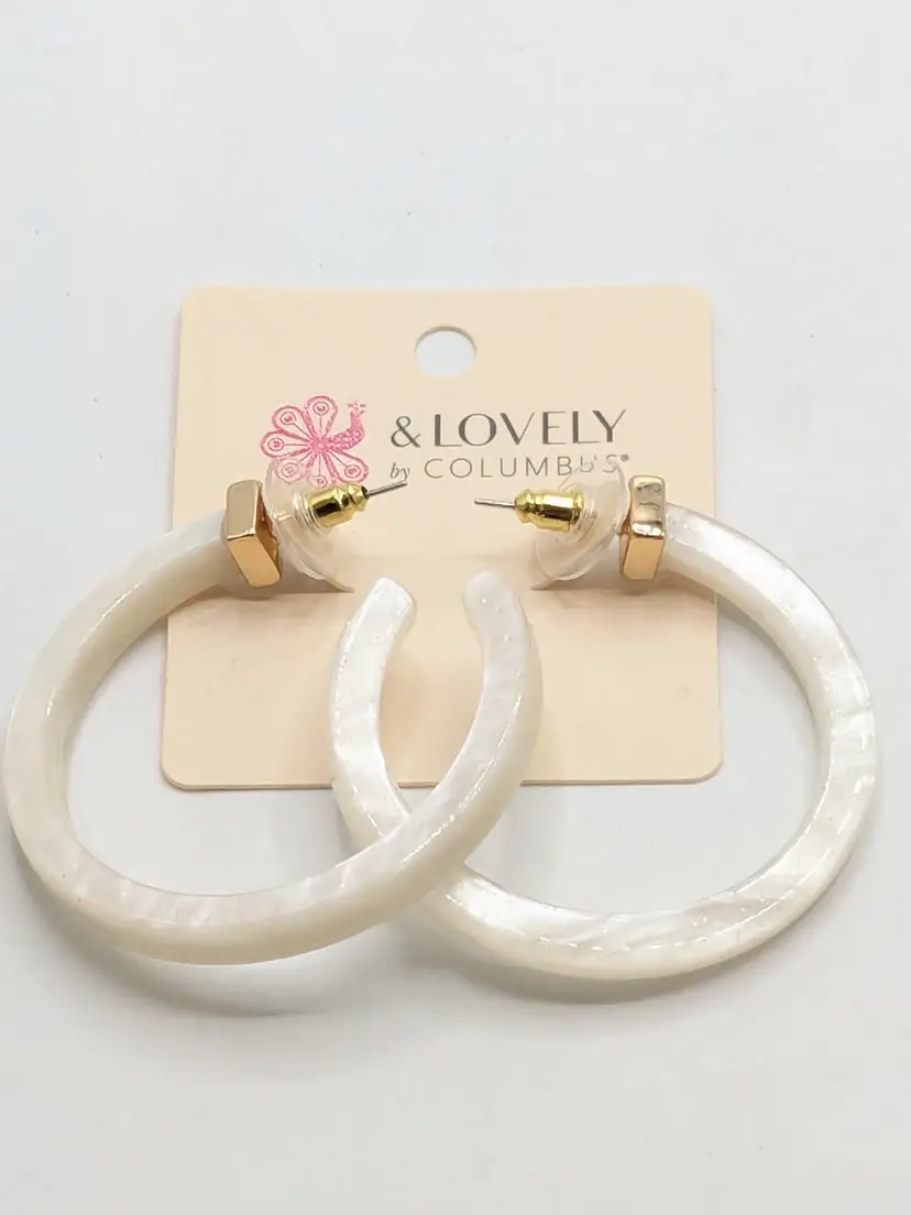 & Lovely White Acrylic Hoop Pierced Earrings with Gold Tone Accents NWT