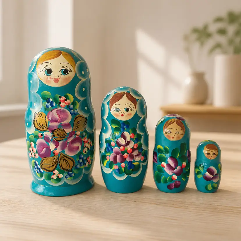 Hand Painted Wooden Matryoshka Nesting Dolls, 7" & Smaller