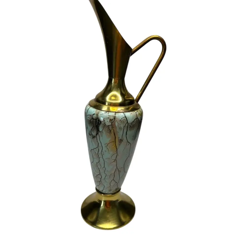 Grecian Style Urn/Pitcher Brass And Marbled Ceramic Center 11” Tall Some Wear