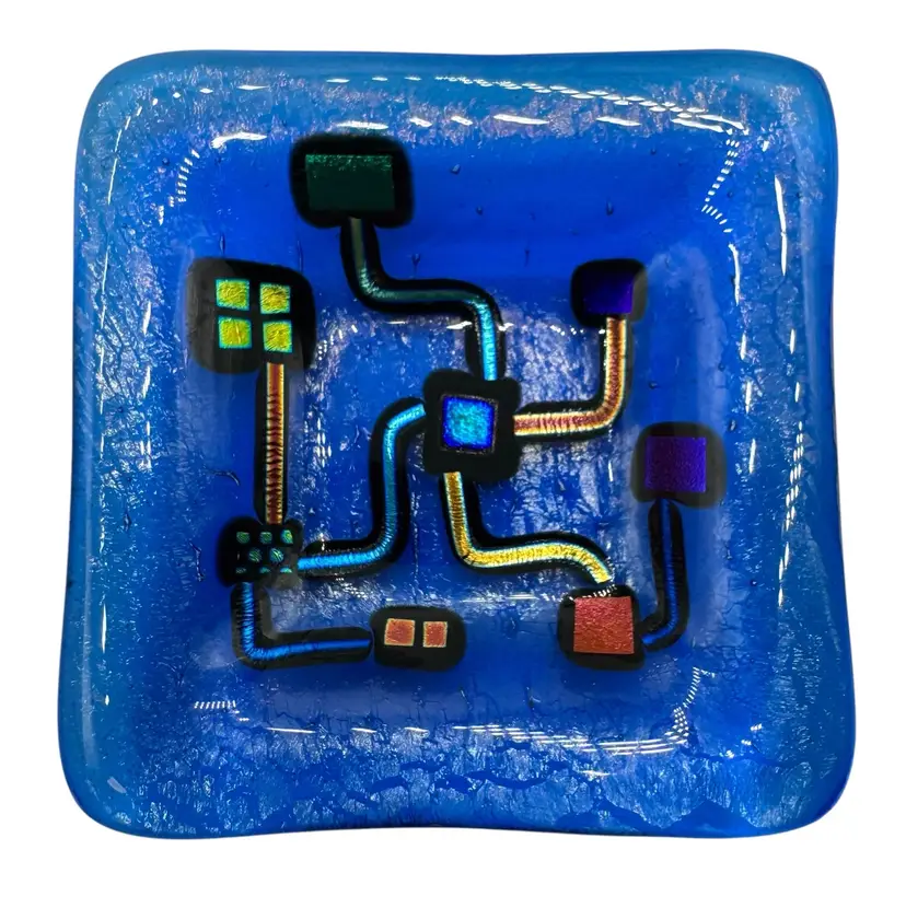 Fused Studio Art Glass Small Trinket Blue Dichroic Circuit Geometric Silver Foil