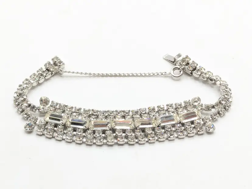Vintage Silver Tone Rhinestone Bracelet Safety Chain