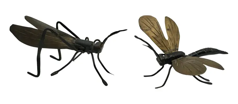 Set of 2 Vintage Japanese Okimono Insect Bug Grasshopper Dragonfly Mixed Metal