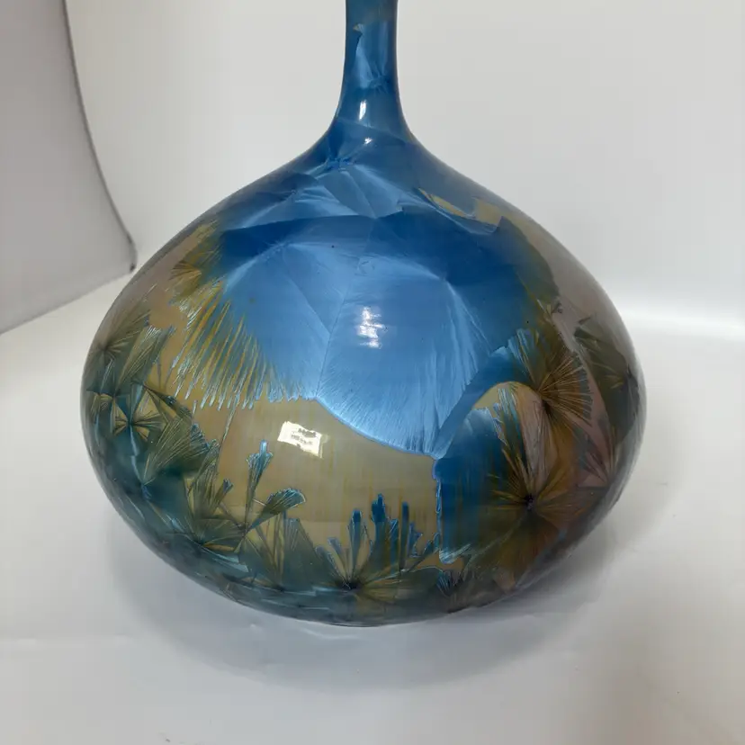 Crystaline Glazed Vessel Bud Vase UnSigned 9 Inch Blue And Yellow/tan