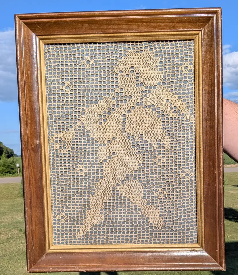 Antique Wood Framed Handmade Lace Crochet Textile Wall Hanging Decor Cherub