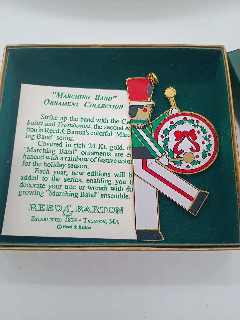 Vtg Christmas Reed & Barton 24K Gold Marching Band Drummer Toy Soldier Ornament.