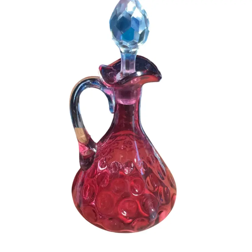 Vintage Reverse Coin Dot Fenton Cranberry Ewer With Applied Handle And Crystal Stopper (stopper Has Flea Bites On Very End)
