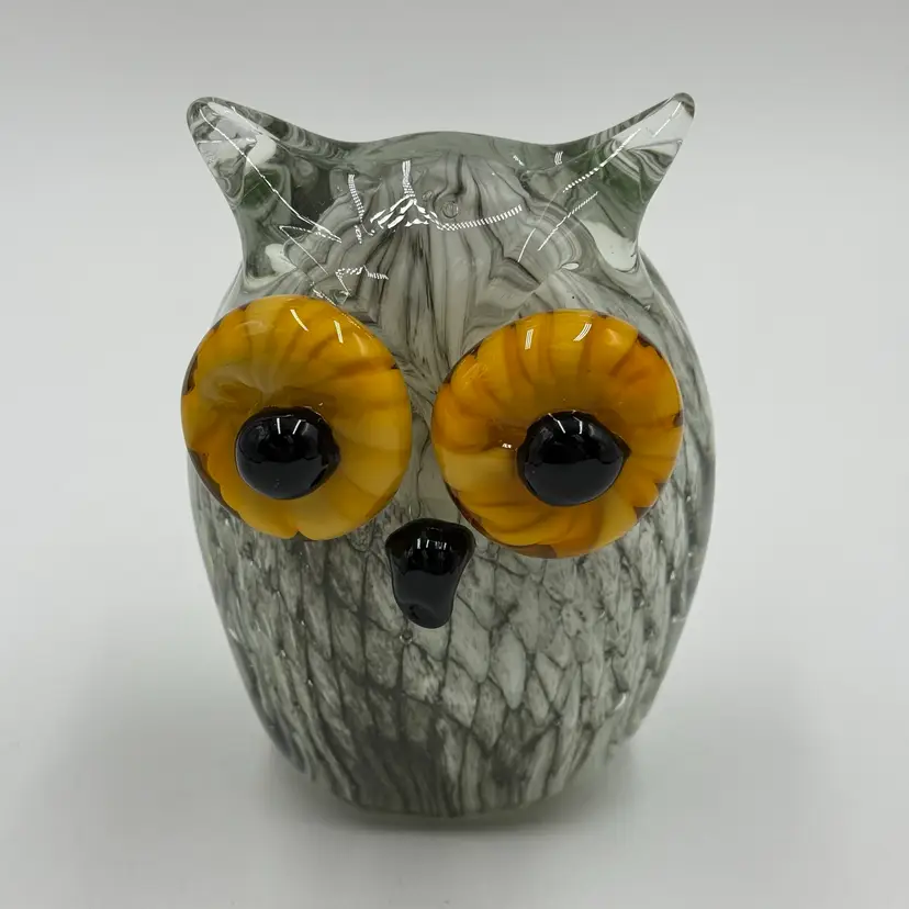 Blown Art Glass Large Chunky Cased  Owl Figurine Paperweight Yellow Eyes