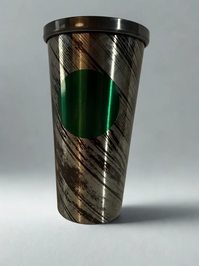 Starbucks 2014 16oz Ceramic Travel Tumbler Mug Metallic Graphite Brushstroke Black Lid Coffee Cup