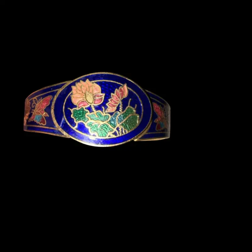 Blue Cloisonné Lotus Flower Hinged Bangle Bracelet Gold Tone