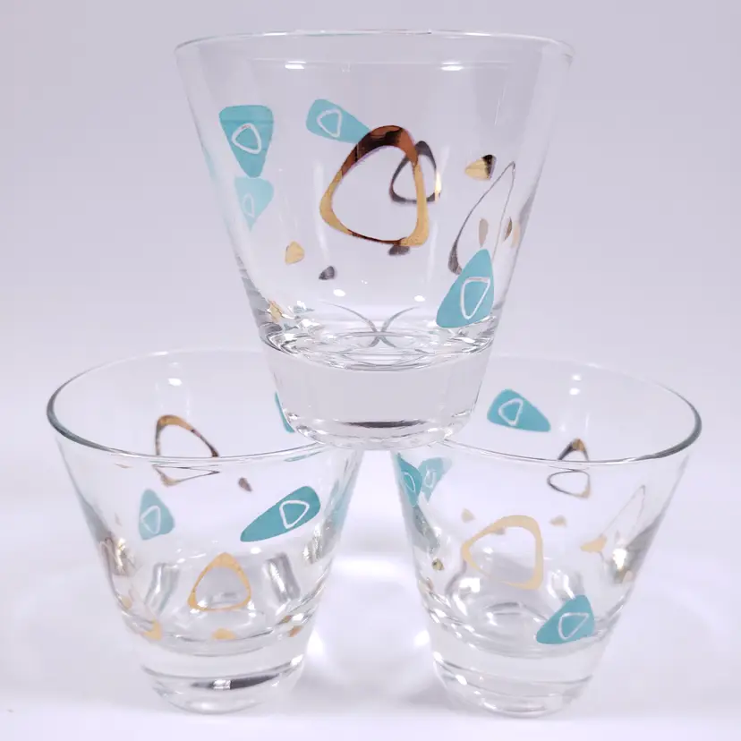 Vtg MCM Federal Glass Gold Turquoise Atomic Amoeba Boomerang SHOT GLASS SET