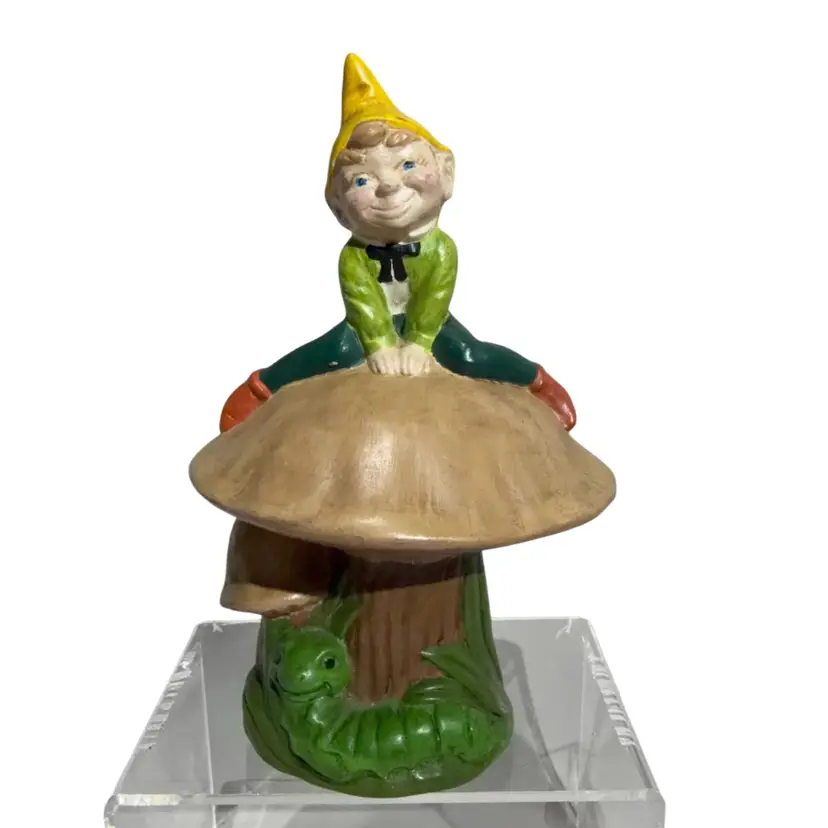 Vintage Ceramic Marie 1971 Elf Pixie On Mushroom 🍄‍🟫 And Worm