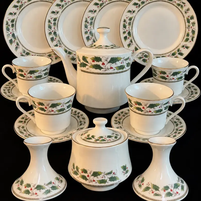 “Holly Holiday” Dining Set-as Shown- 4 Plates- 4 Cups- 4 Saucers-2 Candle Holders- Covered Sugar- Tea/Coffee Pot- Nice Christmas Bundle!