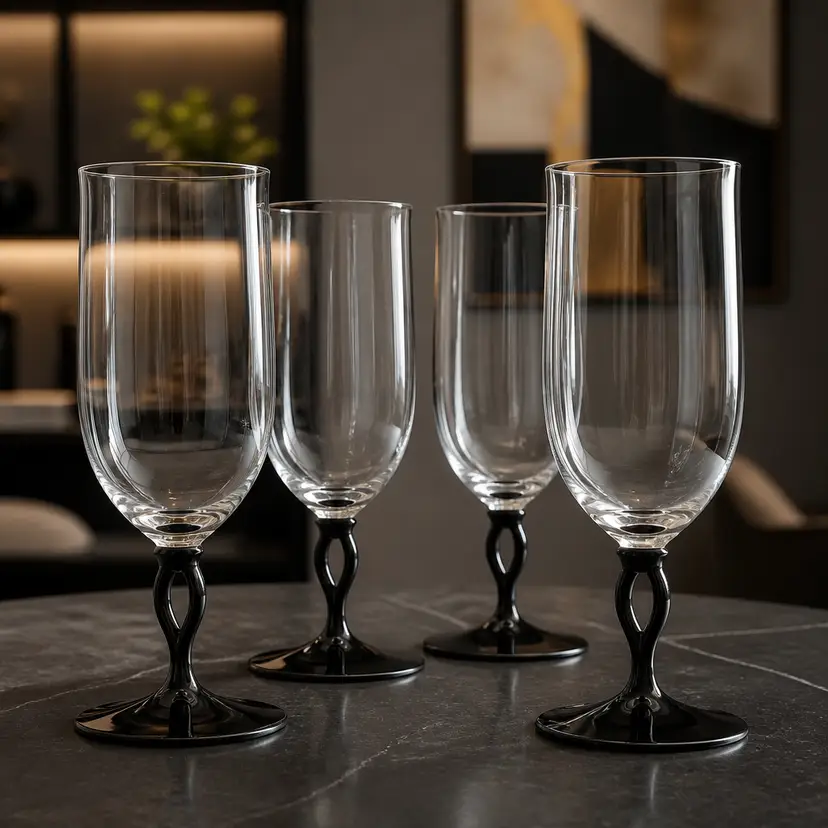 4 Vintage Mikasa Tuscan Black Crystal Goblets w/ Flared Bowl & Black Twisted Stem, 8"