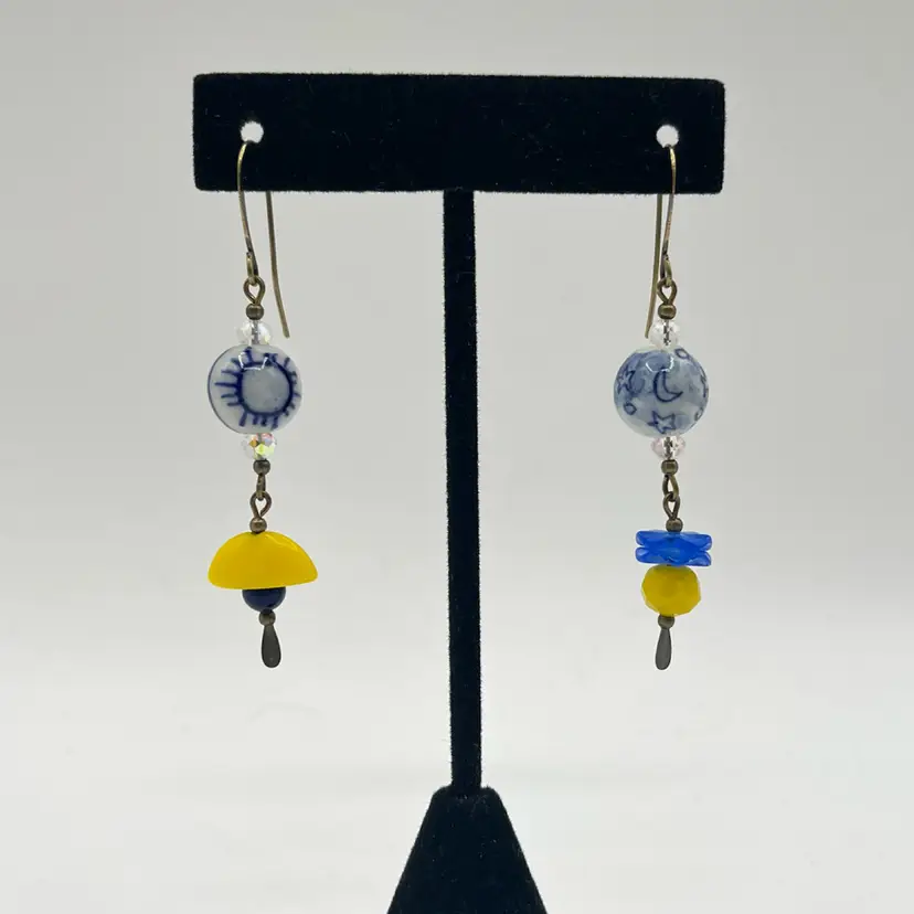 “Sun & Stars” Asymmetrical Hand Painted Vintage Ceramic Bead Earrings - Made By Me