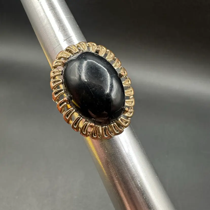 Vintage Costume Black Cabochon Brass Toned Petal Frame Statement Ring, Adjustable Size