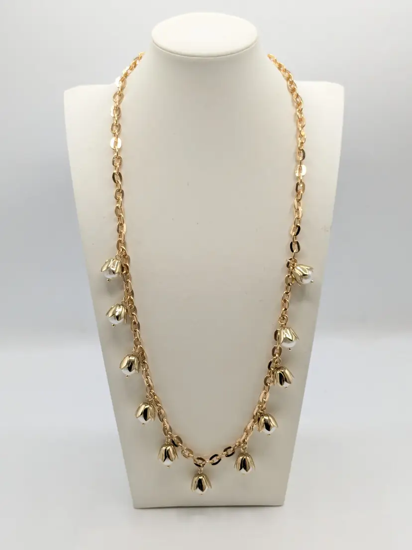 Gold Tone Faux Pearl Drop Tulip Charm Necklace NWOT