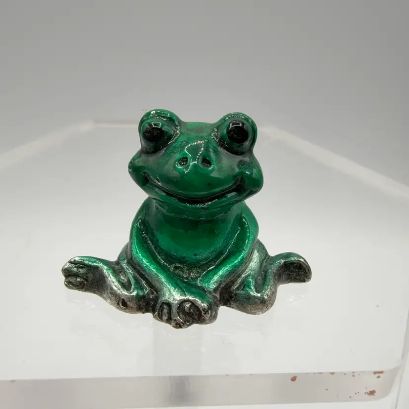 Peltro Pewter Sitting Frog Green Enamel Italy