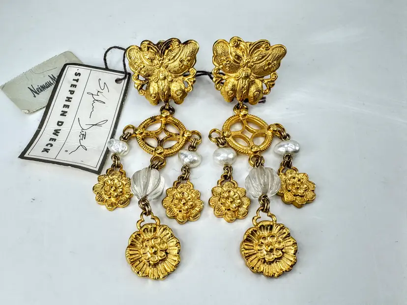 Stephen Dweck Sterling Silver Butterfly Pearl Chandelier Earrings NWT 4"  GS857