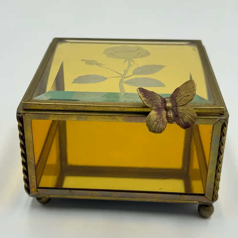 Brass Vintage Amber Glass Jewelry Casket Vanity Trinket Box Butterfly Clear Lid