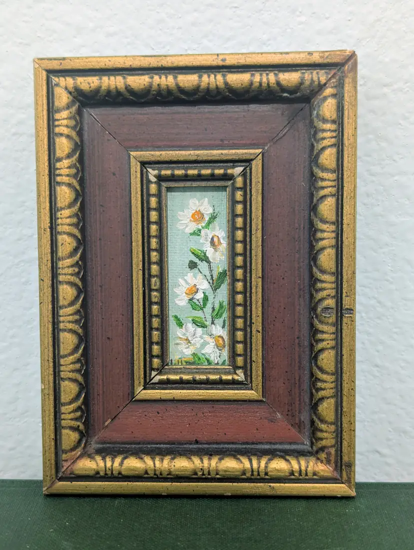 Miniature Floral Oil Painting Framed Daisies Wall Art 4x5.5"