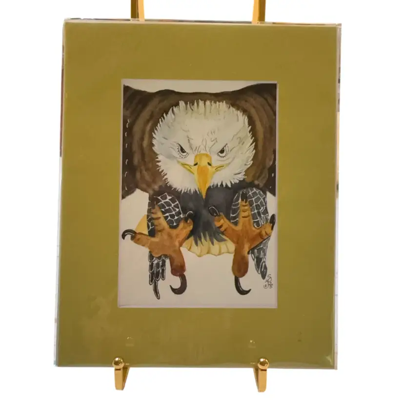 Original Watercolor Eagle Grab 5 X 7” In 8 X 10” Bright Green Matte