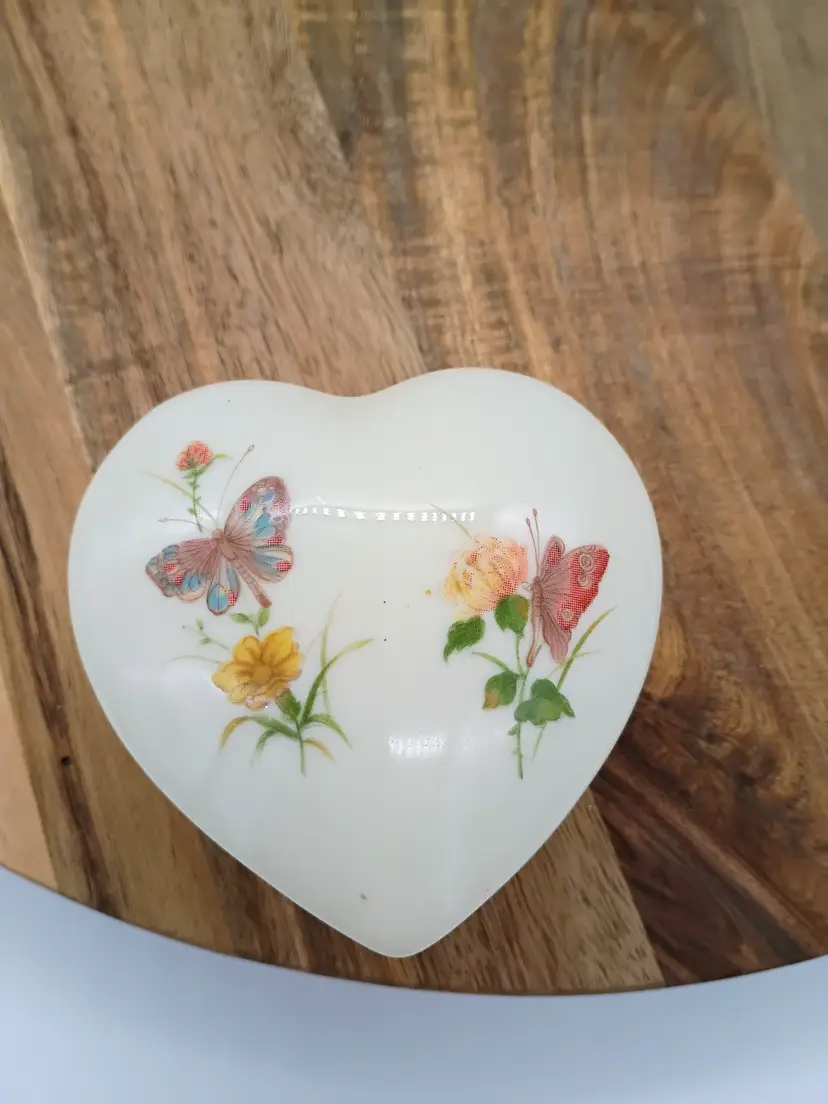 Vintage Japan Heart Shaped Trinket Box with Flowers & Butterflies