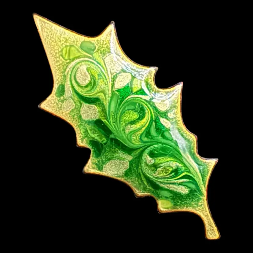 Enamel On Copper Signed Inga Leaf Brooch 2.5”