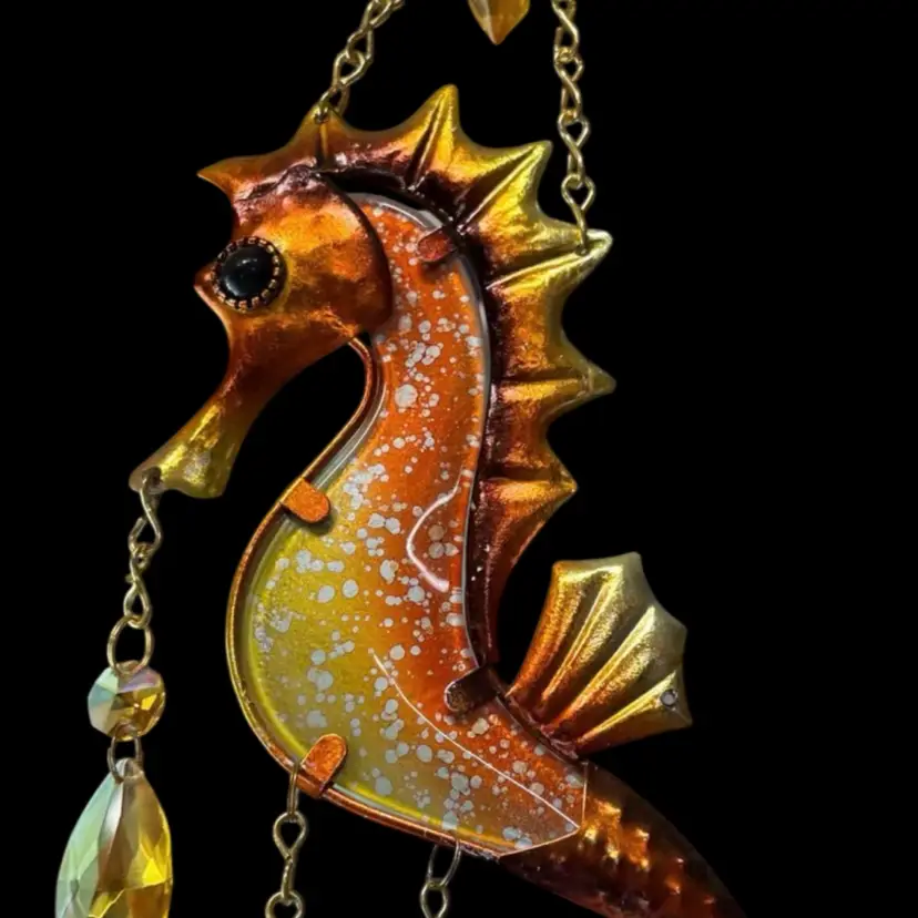 Amber And Gold - Metal And Glass Seahorse Small Custom Windchime - Designed By Me, Created By Me.