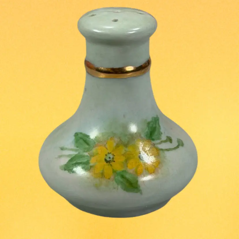 Vintage Hand-Painted Porcelain Salt Shaker – Pale Green Floral with Gold Trim – Repurpose as Hat Pin Holder (Hat Pins Sold Separately)