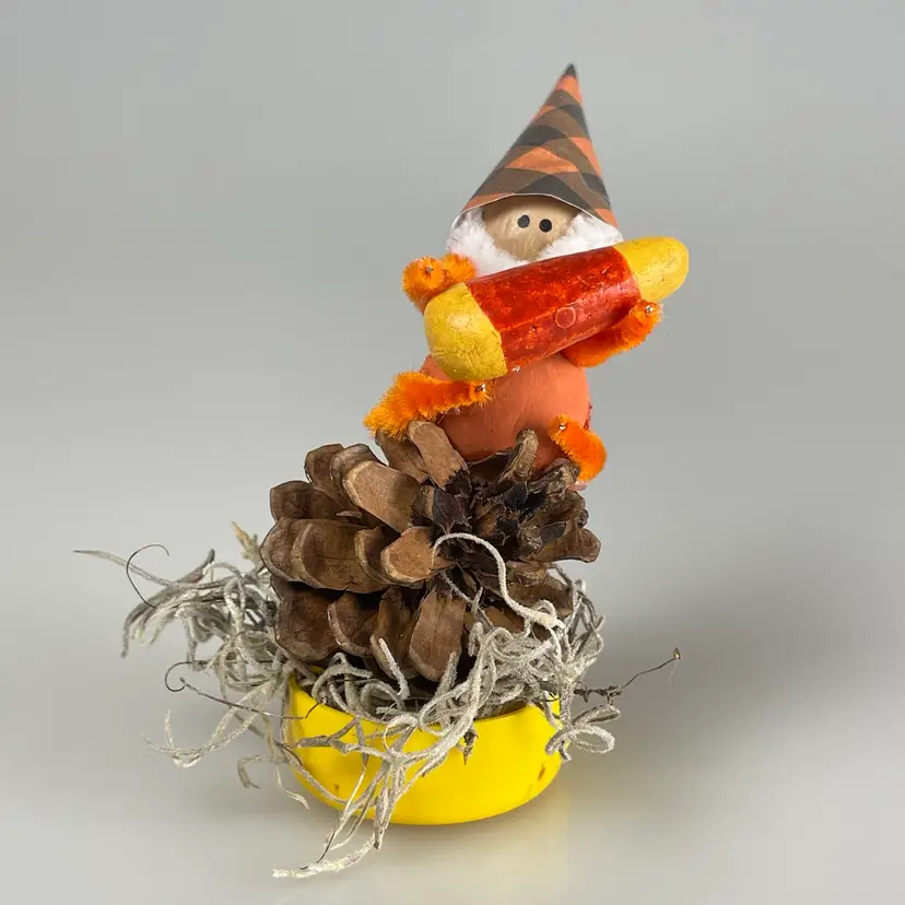 Chenille Sprite Gnome With Candy Corn on Pinecone on Bottle Cap Mini Halloween Fall Decor 4”