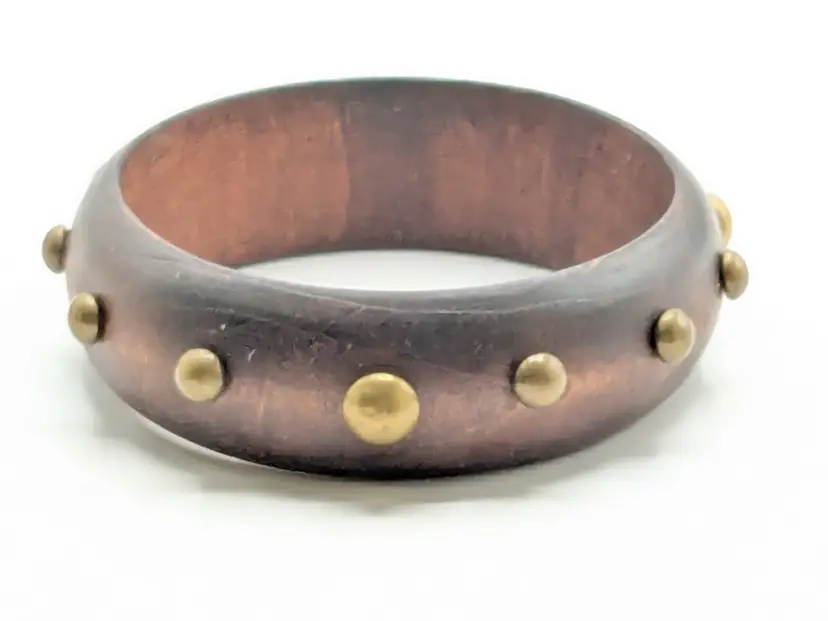 Vintage Wood Bangle Bracelet with Brass Color Accents