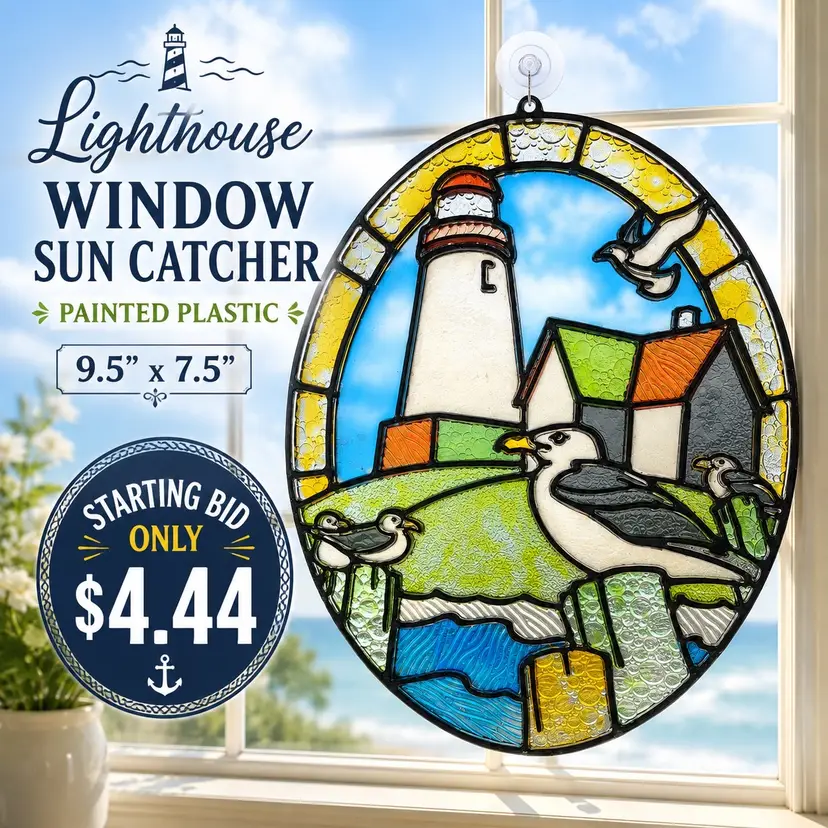 Vintage Lighthouse Window Sun Catcher Seagulls Coastal Nautical Plastic Panel 9.5”