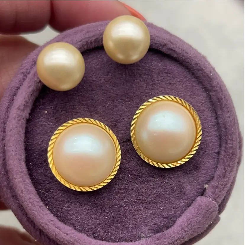 Vintage Faux Pearl Gold Tone Stud Earrings Lot of 2 Pairs Classic Button Earrings