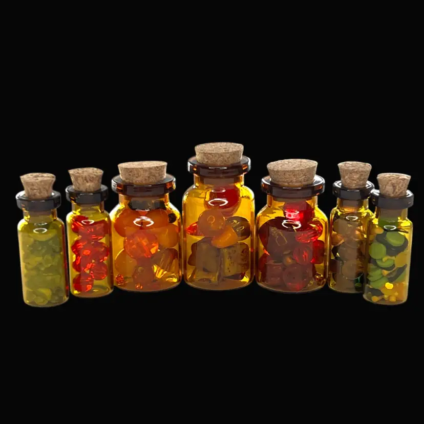 7 Miniature Amber Glass Apothecary Vials Bottles Set with Faux Vintage Labels. Filled With Fun Little Bits & Beads.