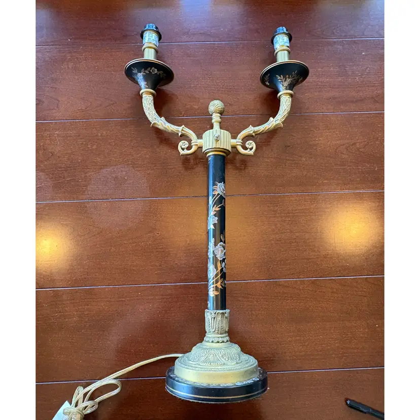 Hollywood Regency Reproduction Of Traditional French Empire Style Bronze And Black Enamel Floral Candelabra Table Lamp 1950s-70s.