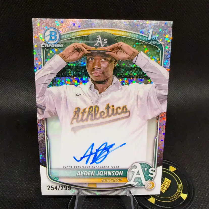 Ayden Johnson 2025 Bowman Chrome 1st Speckled Auto Refractor /299 Athletics