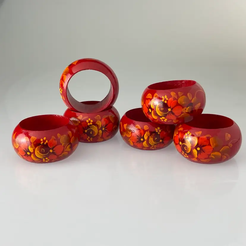 Russian Floral Hand Painted Wooden Dining Napkin Rings Warm Red Folk Art Set of 6