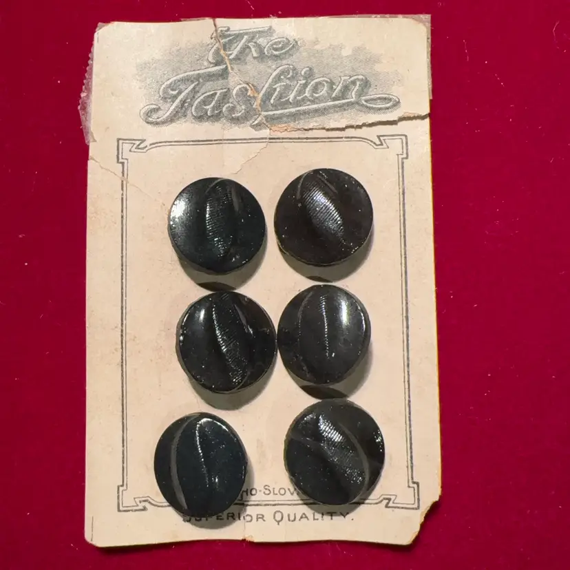 Black Glass Buttons - Set Of 6 On Card Czechoslovakia