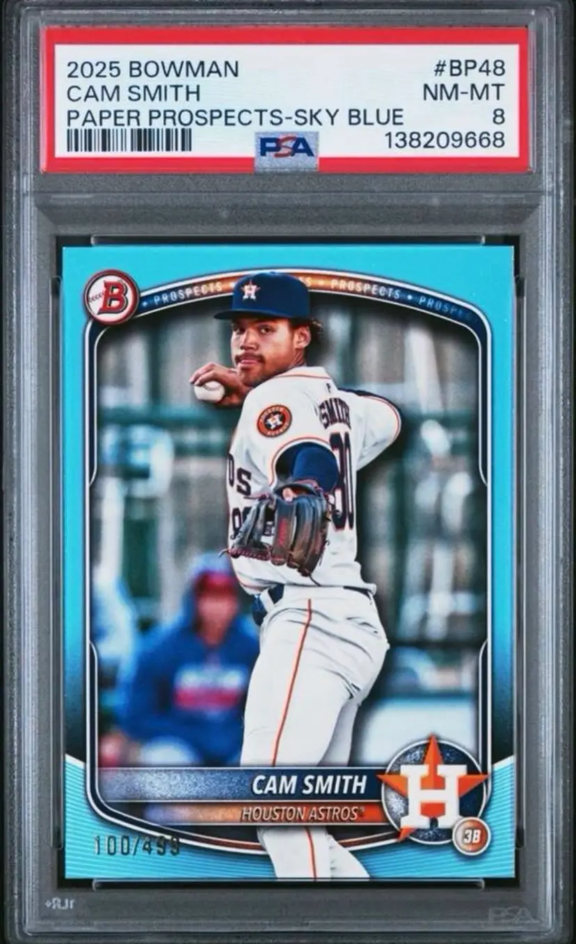 BP48 Cam Smith 2025 Bowman Paper Prospects - Paper Prospects-Sky Blue PSA 8  /499
