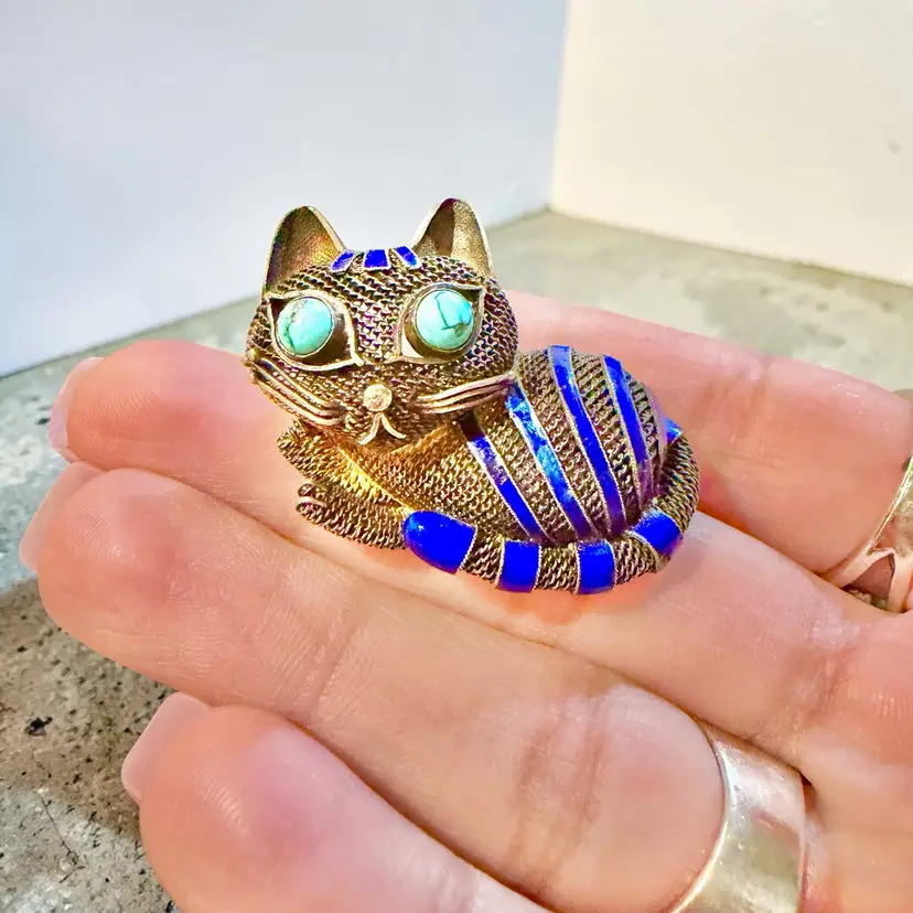 Vintage Chinese Silver Blue Enamel Turquoise Mesh Cat Brooch Pin Figural 3D