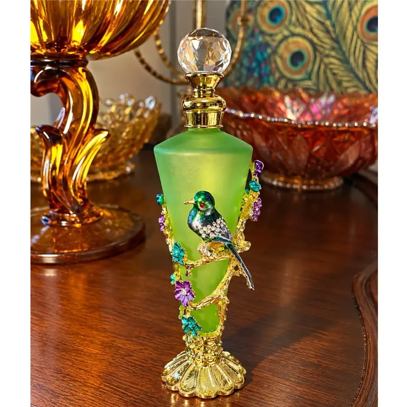 😻 Vintage Jeweled Green Frosted Glass Perfume Bottle – Enamel Bird, Flowers & Crystal Stopper – 5.5”