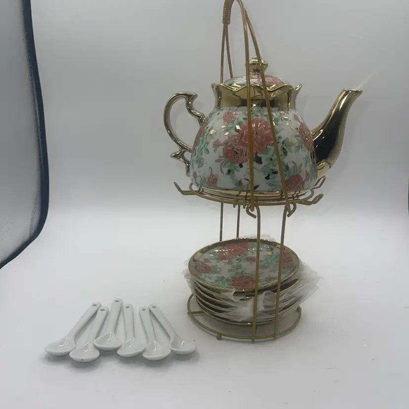 decorative Teapot With Six Saucers And Six Spoons Porcelain/Ceramic Gold With Flowers Comes With Stand