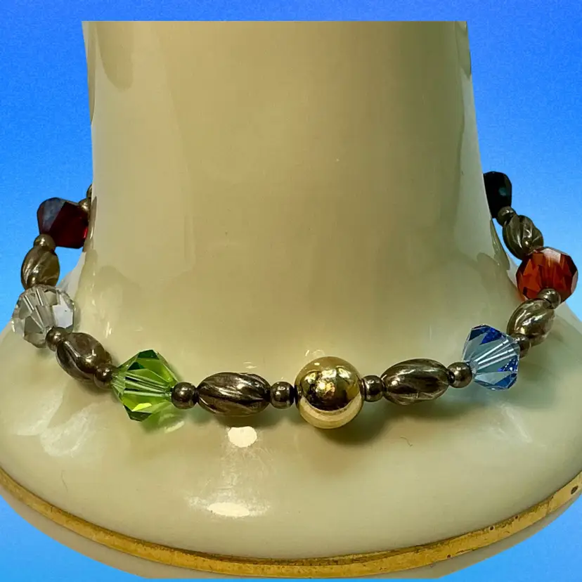 Artisan Sterling Silver Multi-Color Crystal & 14K Gold Bead Bracelet 8 Inches